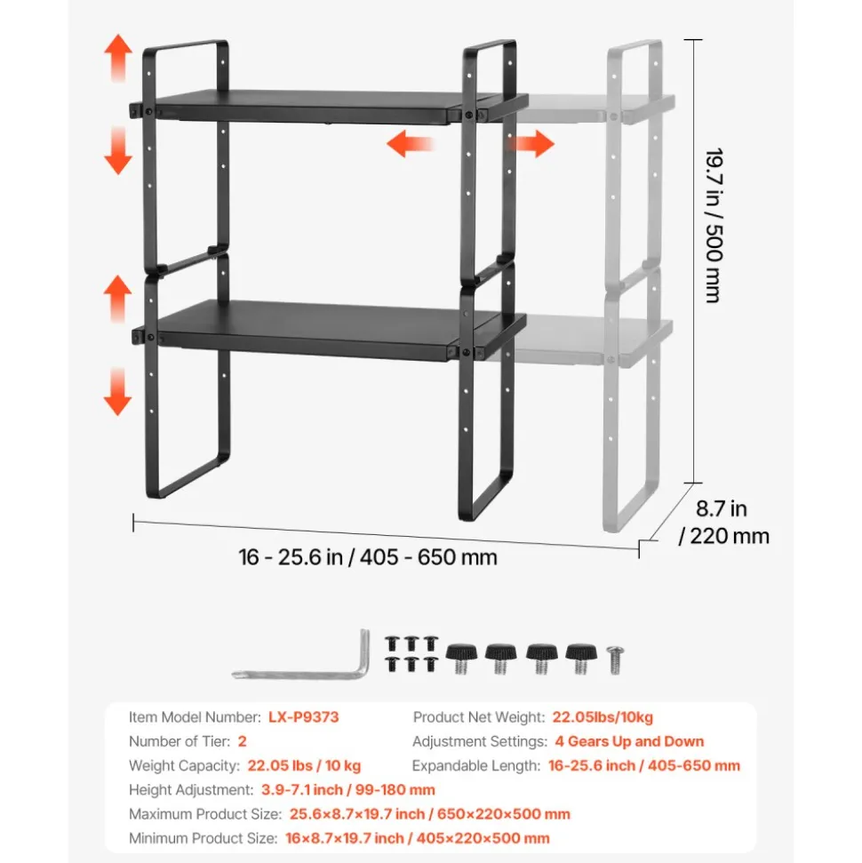 VEVOR Adjustable Kitchen Cabinet Shelf Organizer, Expandable 2 Tier Cabinet Shelf, Stackable Countertop Organizers and Storage Shelf Risers, Pantry Organizers for Kitchen Bathroom Office, Black