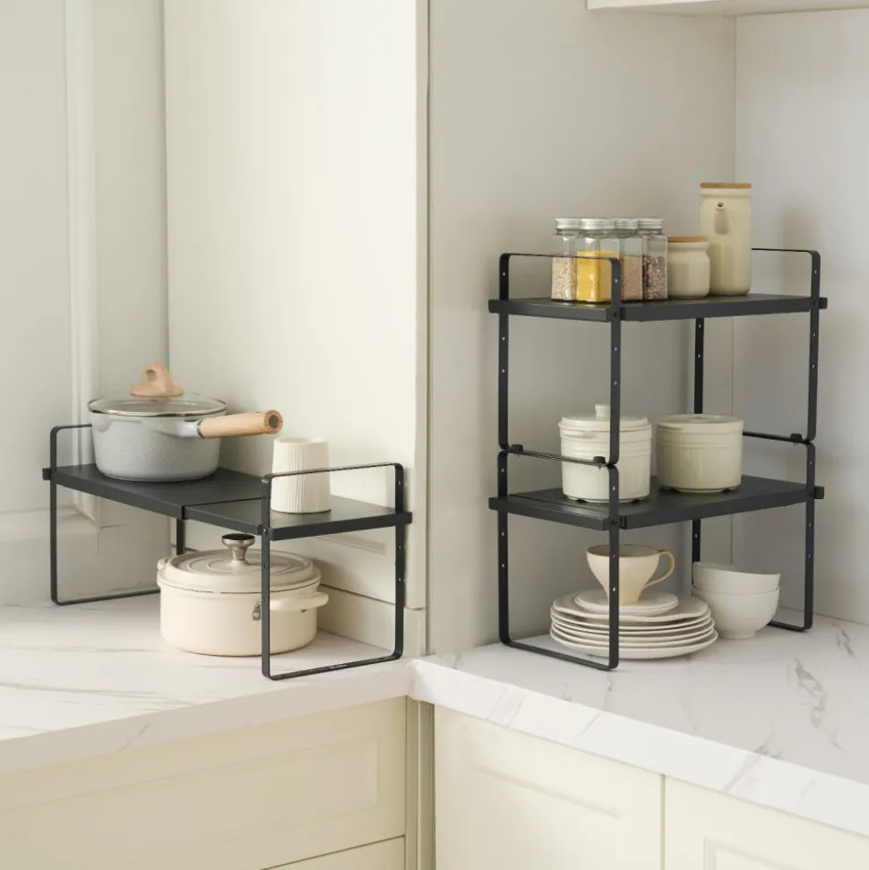 VEVOR Adjustable Kitchen Cabinet Shelf Organizer, Expandable 2 Tier Cabinet Shelf, Stackable Countertop Organizers and Storage Shelf Risers, Pantry Organizers for Kitchen Bathroom Office, Black