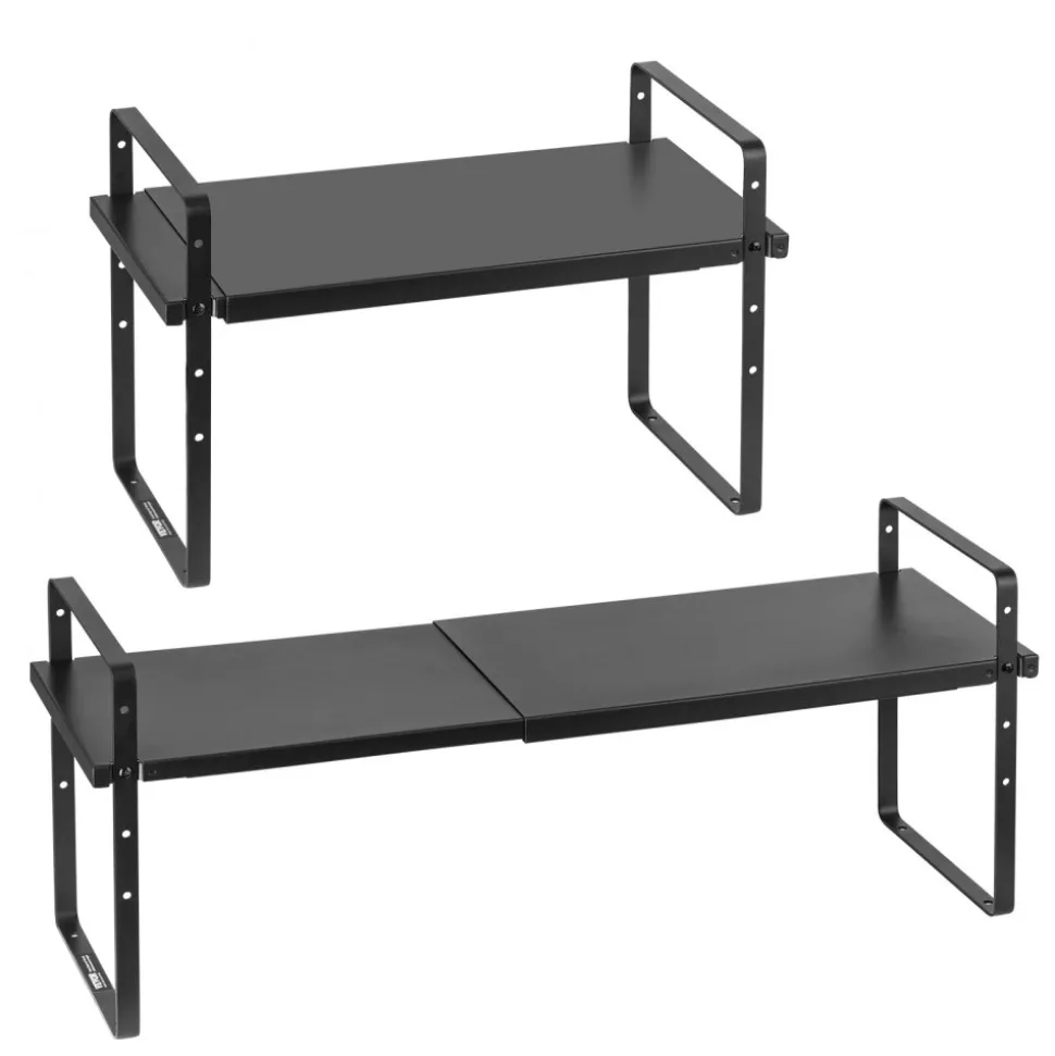 VEVOR Adjustable Kitchen Cabinet Shelf Organizer, Expandable 2 Tier Cabinet Shelf, Stackable Countertop Organizers and Storage Shelf Risers, Pantry Organizers for Kitchen Bathroom Office, Black