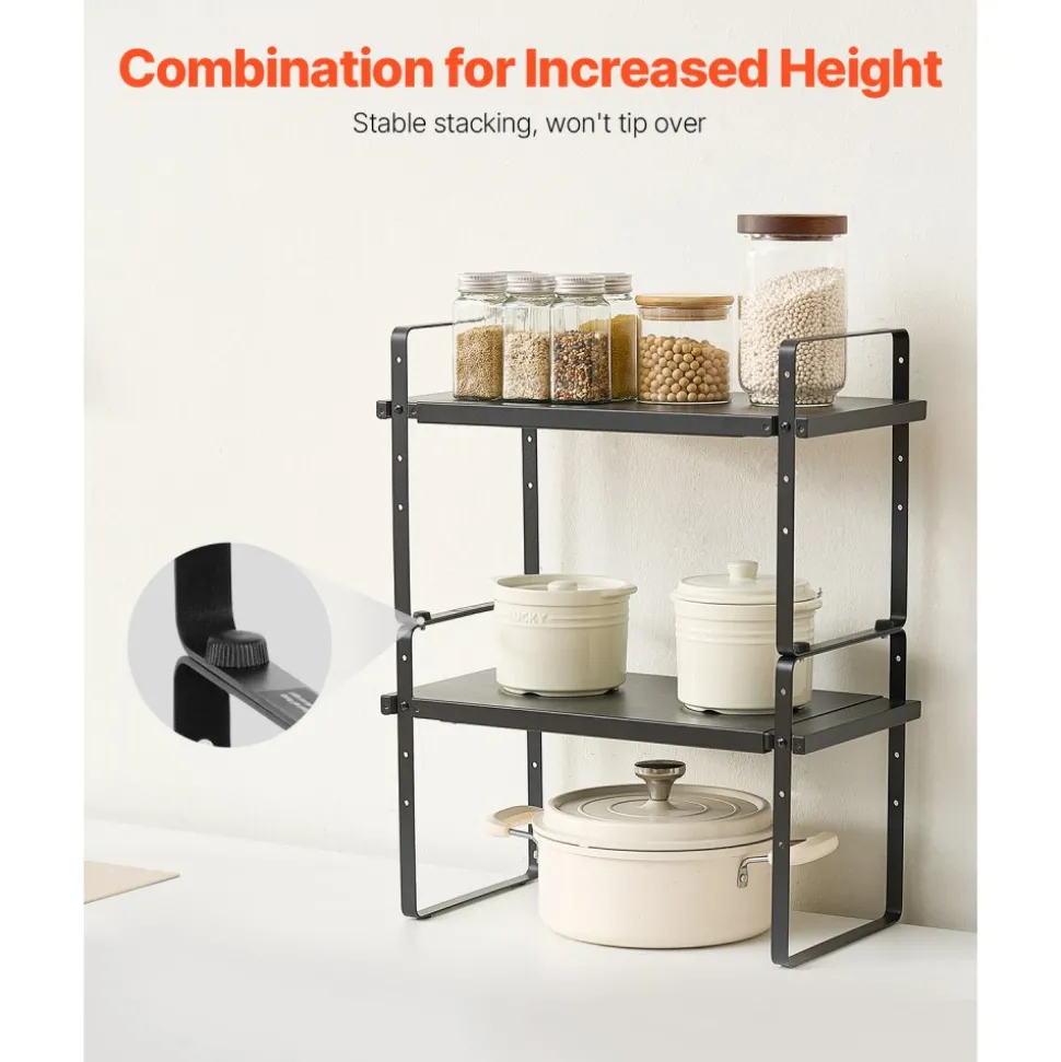VEVOR Adjustable Kitchen Cabinet Shelf Organizer, Expandable 2 Tier Cabinet Shelf, Stackable Countertop Organizers and Storage Shelf Risers, Pantry Organizers for Kitchen Bathroom Office, Black