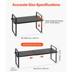 VEVOR Adjustable Kitchen Cabinet Shelf Organizer, Expandable 2 Tier Cabinet Shelf, Stackable Countertop Organizers and Storage Shelf Risers, Pantry Organizers for Kitchen Bathroom Office, Black