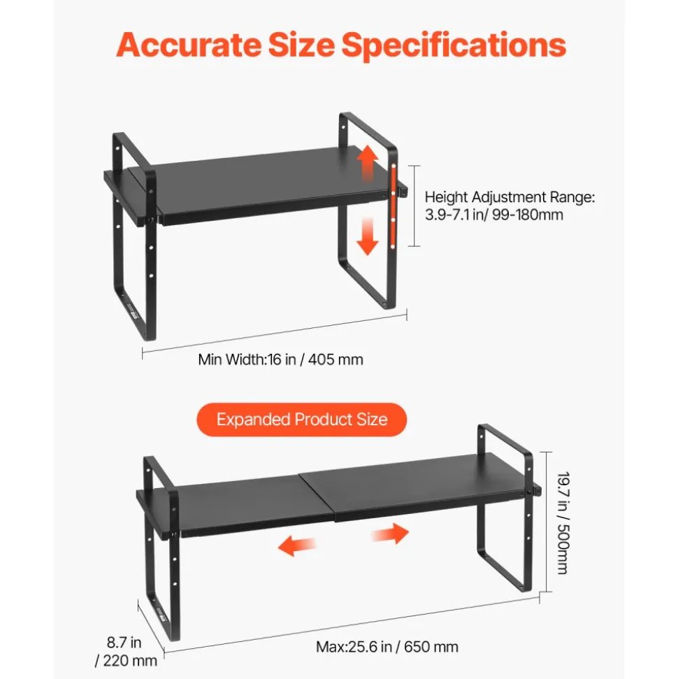 VEVOR Adjustable Kitchen Cabinet Shelf Organizer, Expandable 2 Tier Cabinet Shelf, Stackable Countertop Organizers and Storage Shelf Risers, Pantry Organizers for Kitchen Bathroom Office, Black