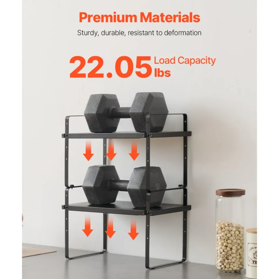 VEVOR Adjustable Kitchen Cabinet Shelf Organizer, Expandable 2 Tier Cabinet Shelf, Stackable Countertop Organizers and Storage Shelf Risers, Pantry Organizers for Kitchen Bathroom Office, Black