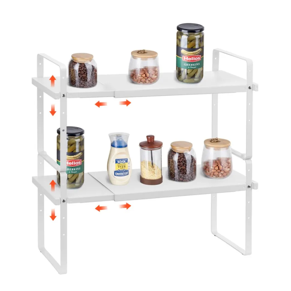 VEVOR Adjustable Kitchen Cabinet Shelf Organizer, Expandable 2 Tier Cabinet Shelf, Stackable Countertop Organizers and Storage Shelf Risers, Pantry Organizers for Kitchen Bathroom Office, White