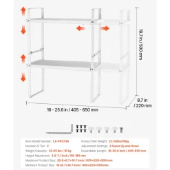 VEVOR Adjustable Kitchen Cabinet Shelf Organizer, Expandable 2 Tier Cabinet Shelf, Stackable Countertop Organizers and Storage Shelf Risers, Pantry Organizers for Kitchen Bathroom Office, White