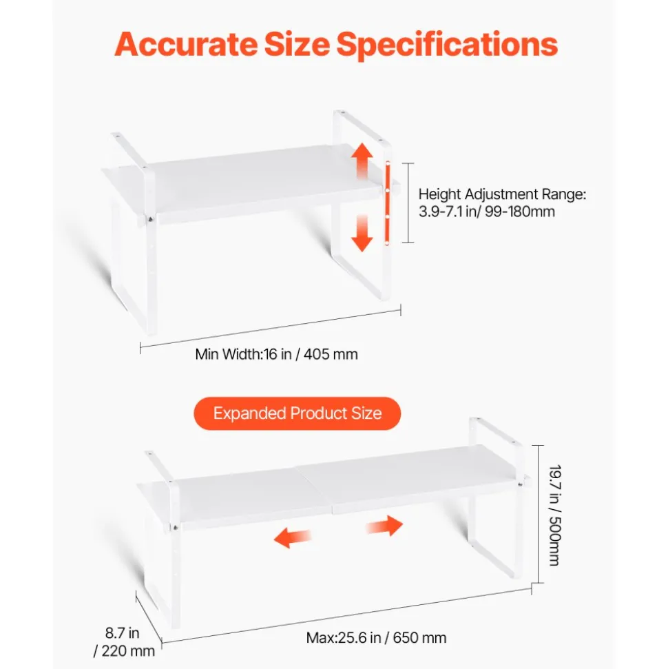VEVOR Adjustable Kitchen Cabinet Shelf Organizer, Expandable 2 Tier Cabinet Shelf, Stackable Countertop Organizers and Storage Shelf Risers, Pantry Organizers for Kitchen Bathroom Office, White