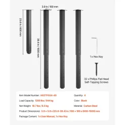 VEVOR Adjustable Table Legs, 24-40 in Square Steel Furniture Legs, 1200 lbs Max Load Heavy Duty, Quick Installation, Ideal for Home Office Desk DIY, Coffee Dinner Bar Tables, Workbenches, 4 PCS, Black