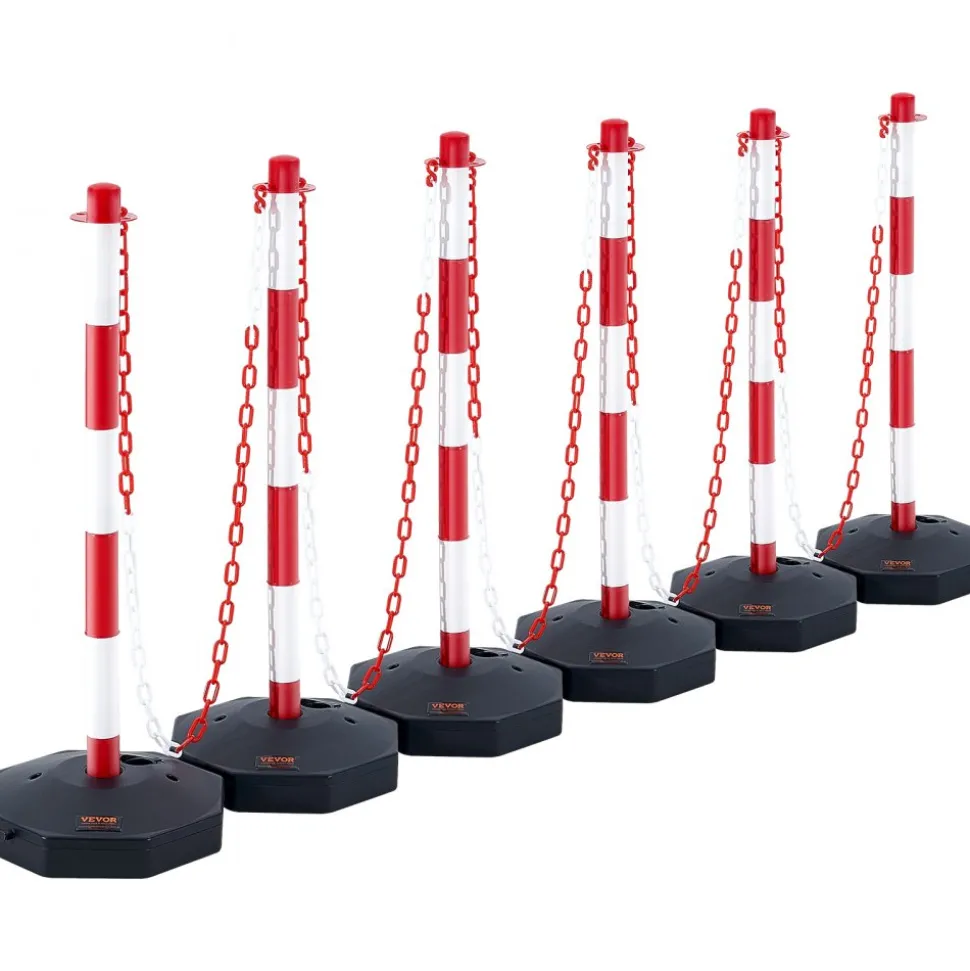 VEVOR Adjustable Traffic Delineator Post Cones, 6 Pack, Traffic Safety Delineator Barrier with Fillable Base 6.6FT Chain, for Traffic Control Warning Parking Lot Construction Caution Roads, Red&White