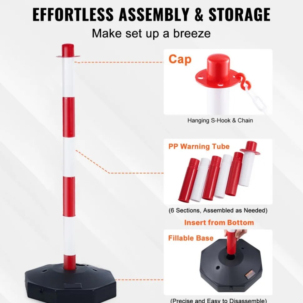 VEVOR Adjustable Traffic Delineator Post Cones, 6 Pack, Traffic Safety Delineator Barrier with Fillable Base 6.6FT Chain, for Traffic Control Warning Parking Lot Construction Caution Roads, Red&White