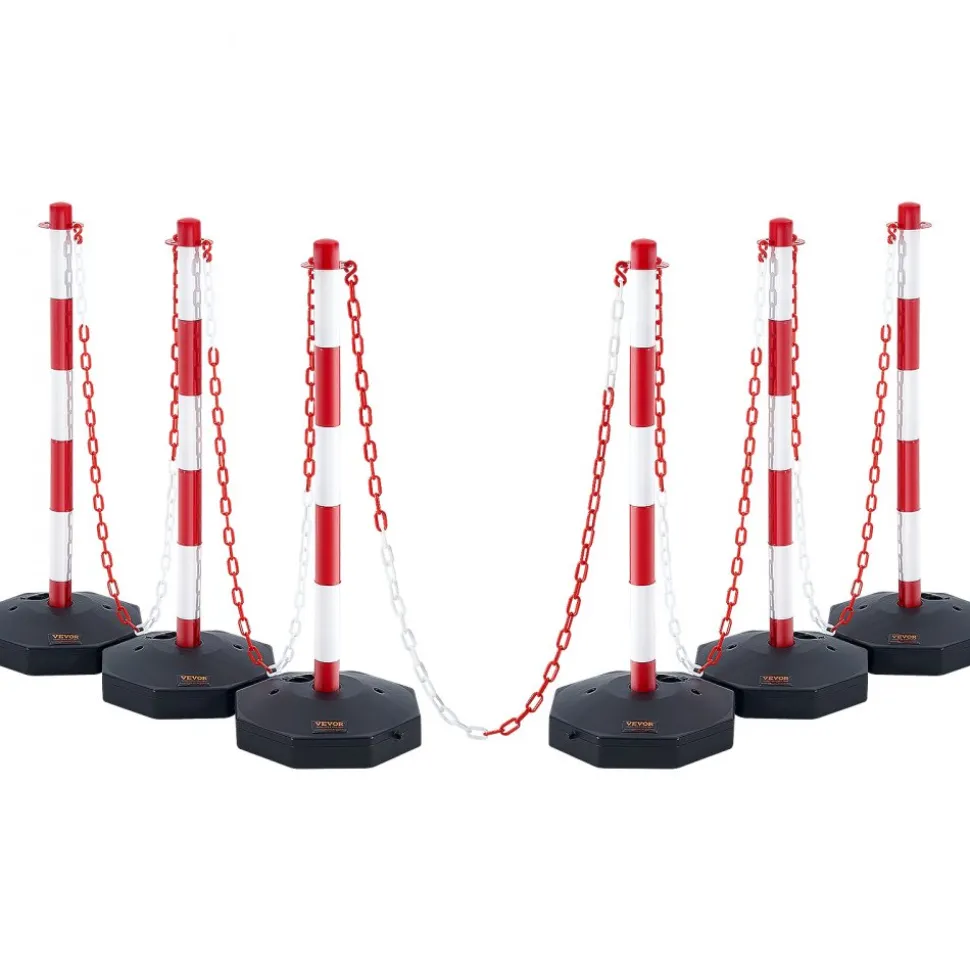 VEVOR Adjustable Traffic Delineator Post Cones, 6 Pack, Traffic Safety Delineator Barrier with Fillable Base 6.6FT Chain, for Traffic Control Warning Parking Lot Construction Caution Roads, Red&White