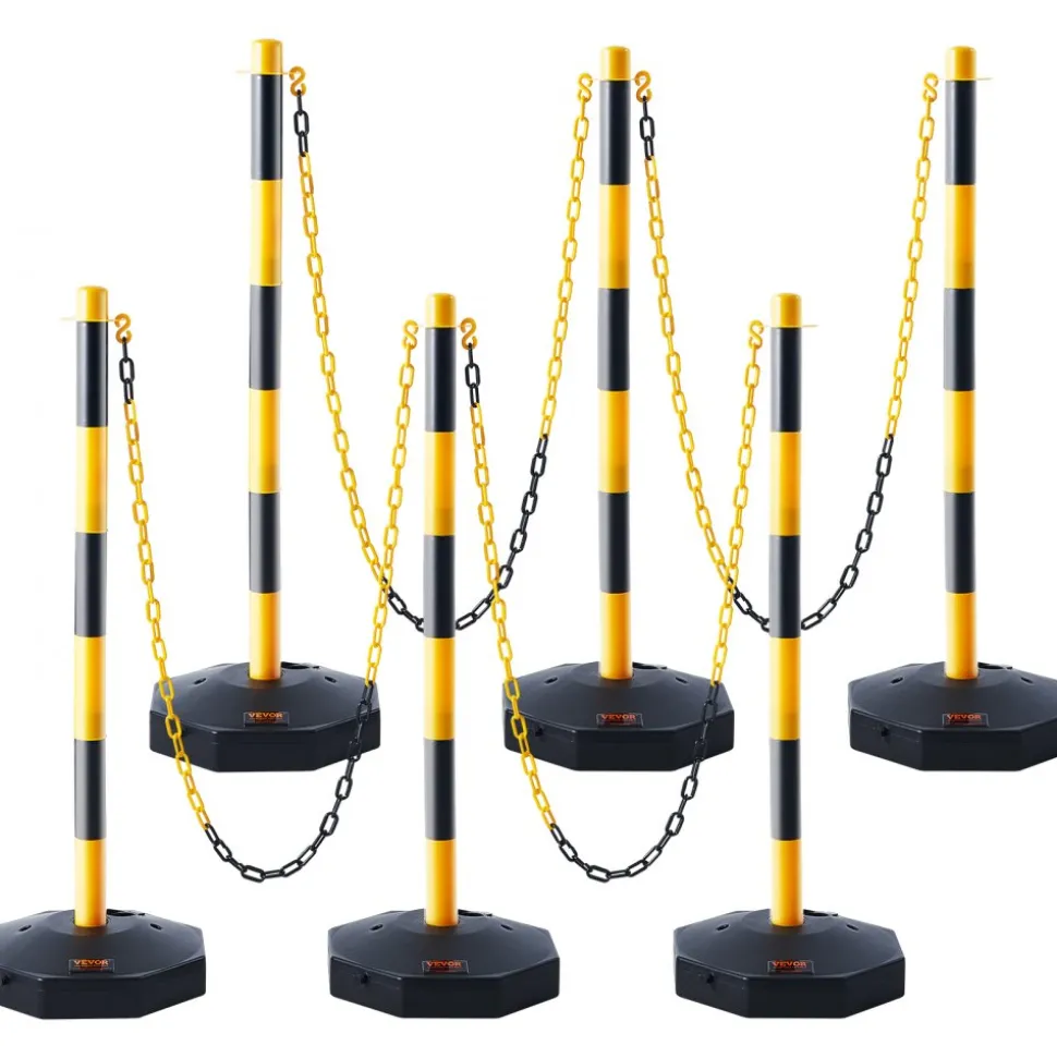 VEVOR Adjustable Traffic Delineator Post Cones, 6 Pack, Traffic Safety Delineator Barrier with Fillable Base 8FT Chain, for Traffic Control Warning Parking Lot Construction Caution Roads, Yellow&Black