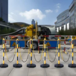 VEVOR Adjustable Traffic Delineator Post Cones, 6 Pack, Traffic Safety Delineator Barrier with Fillable Base 8FT Chain, for Traffic Control Warning Parking Lot Construction Caution Roads, Yellow&Black
