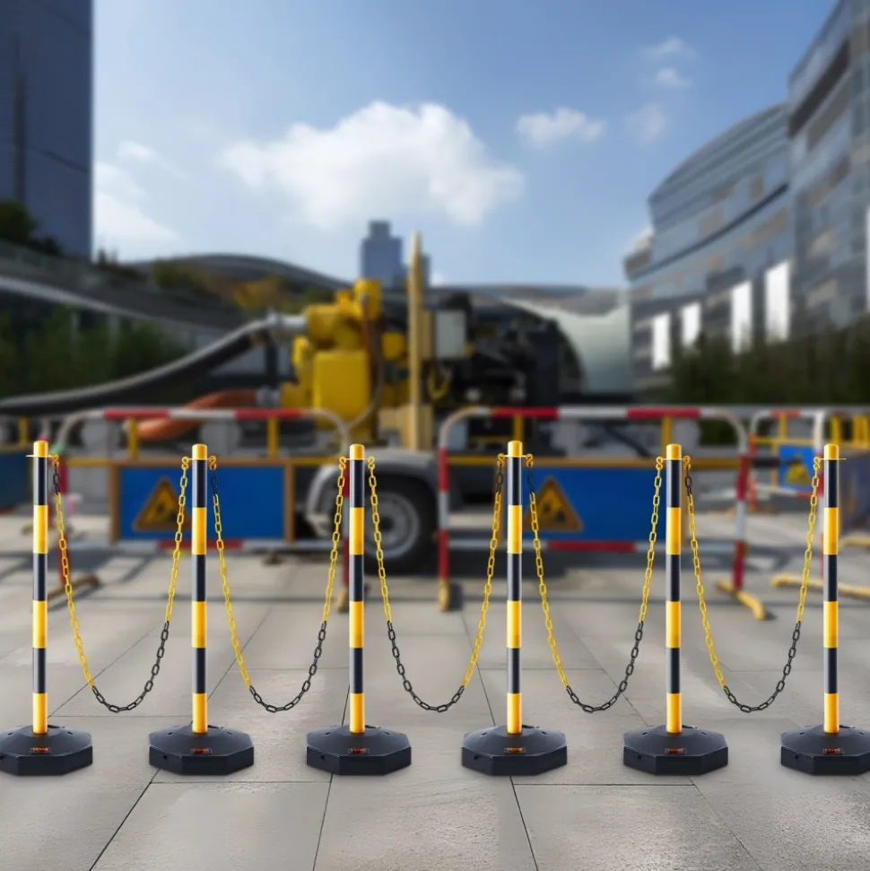 VEVOR Adjustable Traffic Delineator Post Cones, 6 Pack, Traffic Safety Delineator Barrier with Fillable Base 8FT Chain, for Traffic Control Warning Parking Lot Construction Caution Roads, Yellow&Black