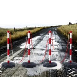 VEVOR Adjustable Traffic Delineator Post Cones, 4 Pack, Traffic Safety Delineator Barrier with Fillable Base 8FT Chain, for Traffic Control Warning Parking Lot Construction Caution Roads, Red & White