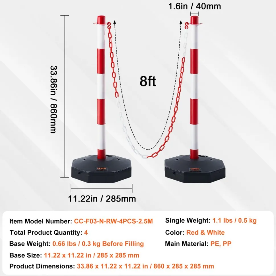 VEVOR Adjustable Traffic Delineator Post Cones, 4 Pack, Traffic Safety Delineator Barrier with Fillable Base 8FT Chain, for Traffic Control Warning Parking Lot Construction Caution Roads, Red & White