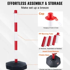VEVOR Adjustable Traffic Delineator Post Cones, 4 Pack, Traffic Safety Delineator Barrier with Fillable Base 8FT Chain, for Traffic Control Warning Parking Lot Construction Caution Roads, Red & White