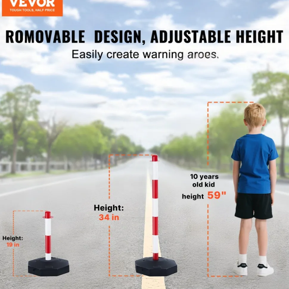 VEVOR Adjustable Traffic Delineator Post Cones, 4 Pack, Traffic Safety Delineator Barrier with Fillable Base 8FT Chain, for Traffic Control Warning Parking Lot Construction Caution Roads, Red & White