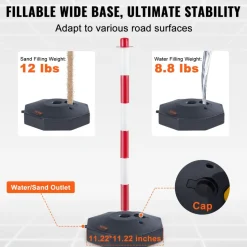 VEVOR Adjustable Traffic Delineator Post Cones, 4 Pack, Traffic Safety Delineator Barrier with Fillable Base 8FT Chain, for Traffic Control Warning Parking Lot Construction Caution Roads, Red & White