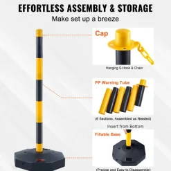 VEVOR Adjustable Traffic Delineator Post Cones, 4 Pack, Traffic Safety Delineator Barrier with Fillable Base 8FT Chain, for Traffic Control Warning Parking Lot Construction Caution Roads, Yellow&Black