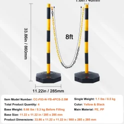 VEVOR Adjustable Traffic Delineator Post Cones, 4 Pack, Traffic Safety Delineator Barrier with Fillable Base 8FT Chain, for Traffic Control Warning Parking Lot Construction Caution Roads, Yellow&Black