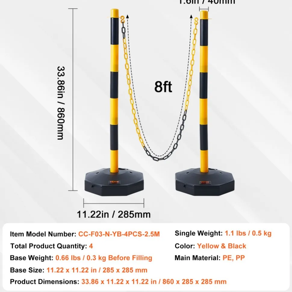 VEVOR Adjustable Traffic Delineator Post Cones, 4 Pack, Traffic Safety Delineator Barrier with Fillable Base 8FT Chain, for Traffic Control Warning Parking Lot Construction Caution Roads, Yellow&Black