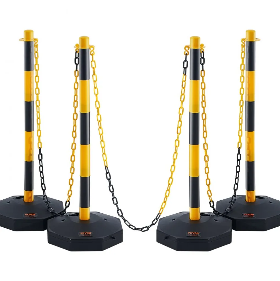 VEVOR Adjustable Traffic Delineator Post Cones, 4 Pack, Traffic Safety Delineator Barrier with Fillable Base 8FT Chain, for Traffic Control Warning Parking Lot Construction Caution Roads, Yellow&Black
