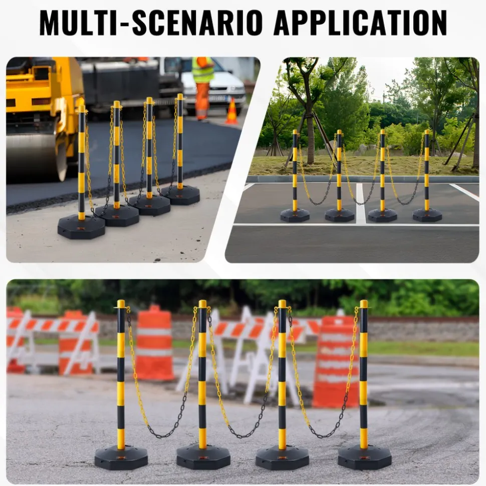 VEVOR Adjustable Traffic Delineator Post Cones, 4 Pack, Traffic Safety Delineator Barrier with Fillable Base 8FT Chain, for Traffic Control Warning Parking Lot Construction Caution Roads, Yellow&Black
