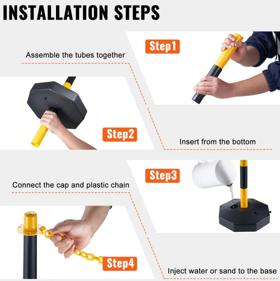 VEVOR Adjustable Traffic Delineator Post Cones, 4 Pack, Traffic Safety Delineator Barrier with Fillable Base 8FT Chain, for Traffic Control Warning Parking Lot Construction Caution Roads, Yellow&Black