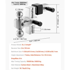 VEVOR Adjustable Trailer Hitch, 6-Inch Drop Hitch, Tri-Ball Mount for 2-Inch Hitch Receiver, Trailer Ball Size 1-7/8