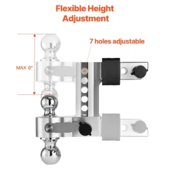 VEVOR Adjustable Trailer Hitch, 6-Inch Drop Hitch, Tri-Ball Mount for 2-Inch Hitch Receiver, Trailer Ball Size 1-7/8