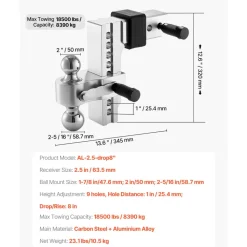 VEVOR Adjustable Trailer Hitch, 8-Inch Drop Hitch, Tri-Ball Mount for 2.5-Inch Hitch Receiver, Trailer Ball Size 1-7/8", 2" & 2-5/16", Max 18500 lbs Ball Hitch, Towing Hitch for RVs, ATVs, and Trucks