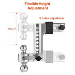 VEVOR Adjustable Trailer Hitch, 8-Inch Drop Hitch, Tri-Ball Mount for 2.5-Inch Hitch Receiver, Trailer Ball Size 1-7/8