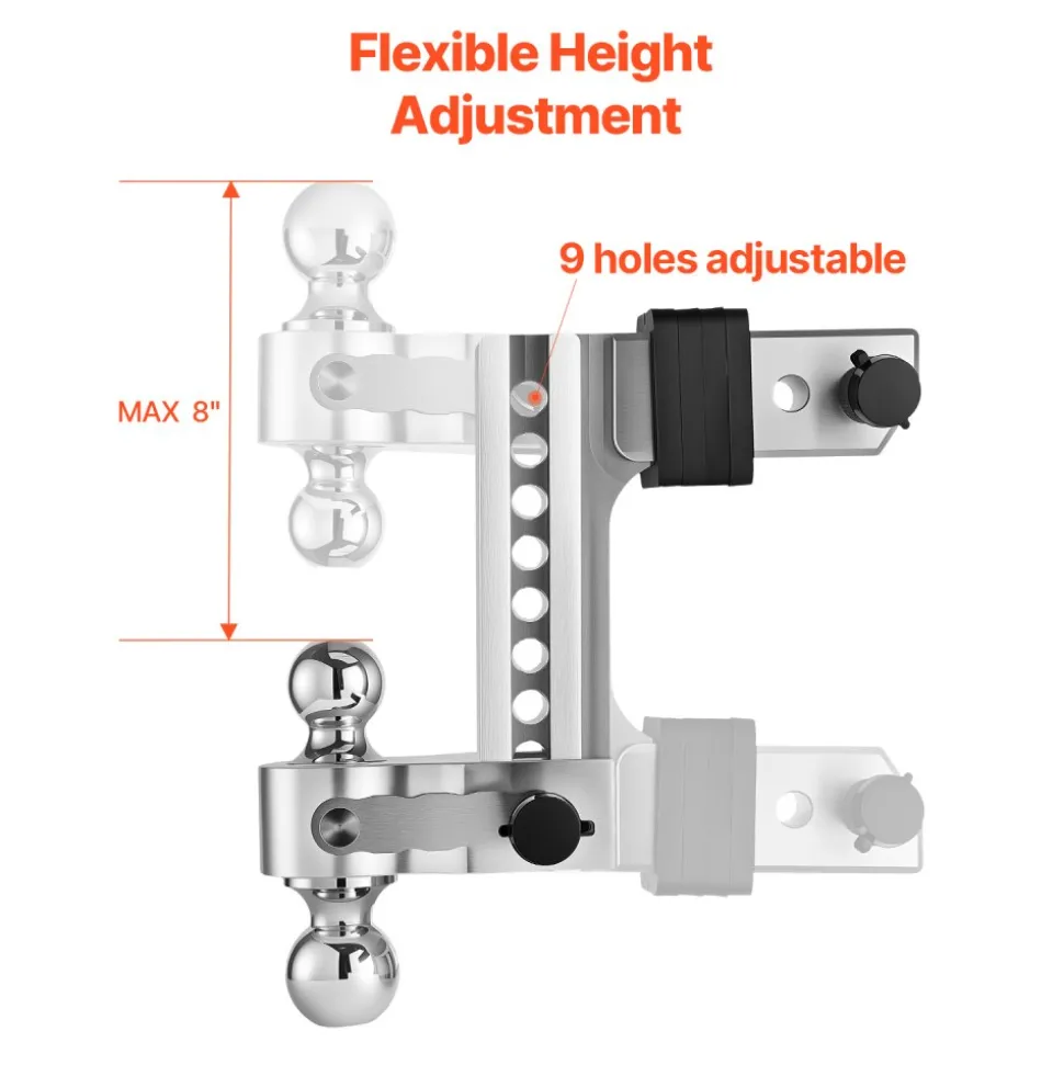 VEVOR Adjustable Trailer Hitch, 8-Inch Drop Hitch, Tri-Ball Mount for 2.5-Inch Hitch Receiver, Trailer Ball Size 1-7/8", 2" & 2-5/16", Max 18500 lbs Ball Hitch, Towing Hitch for RVs, ATVs, and Trucks