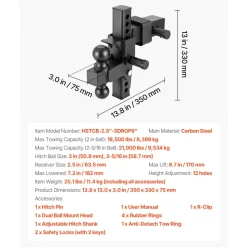 VEVOR Adjustable Trailer Hitch, Fit 2.5 Inch Receiver, Trailer Hitch Mount with 2 Inch & 2-5/16 Inch Balls, 21000 lbs GTW, 9 Inch Drop, Towing Ball Mounts for RVs, Off-Road Vehicles and Trucks, Black