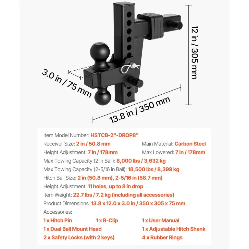 VEVOR Adjustable Trailer Hitch, Fit 2 Inch Receiver, Trailer Hitch Mount with 2 Inch & 2-5/16 Inch Balls, 18500 lbs GTW, 8 Inch Drop, Towing Ball Mounts for RVs, Off-Road Vehicles and Trucks, Black