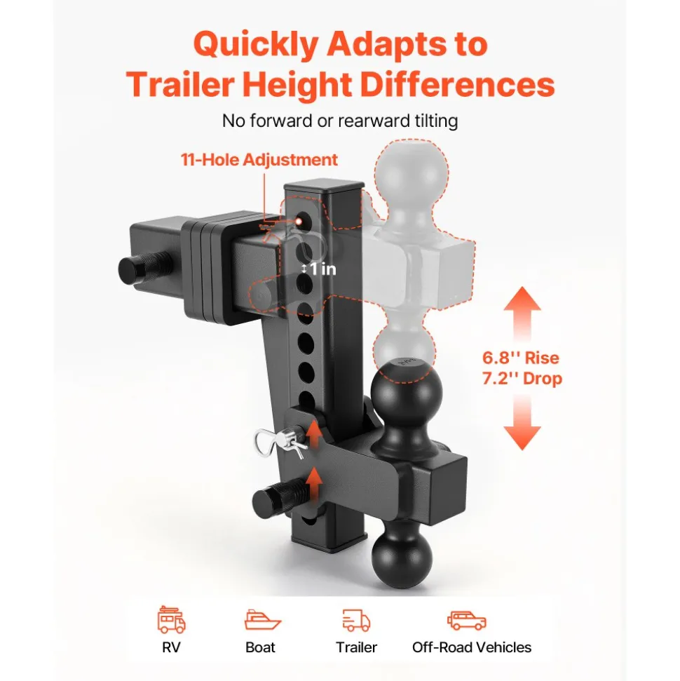 VEVOR Adjustable Trailer Hitch, Fit 2.5 Inch Receiver, Trailer Hitch Mount with 2 Inch & 2-5/16 Inch Balls, 28000 lbs GTW, 8 Inch Drop, Towing Ball Mounts for RVs, Off-Road Vehicles and Trucks, Black