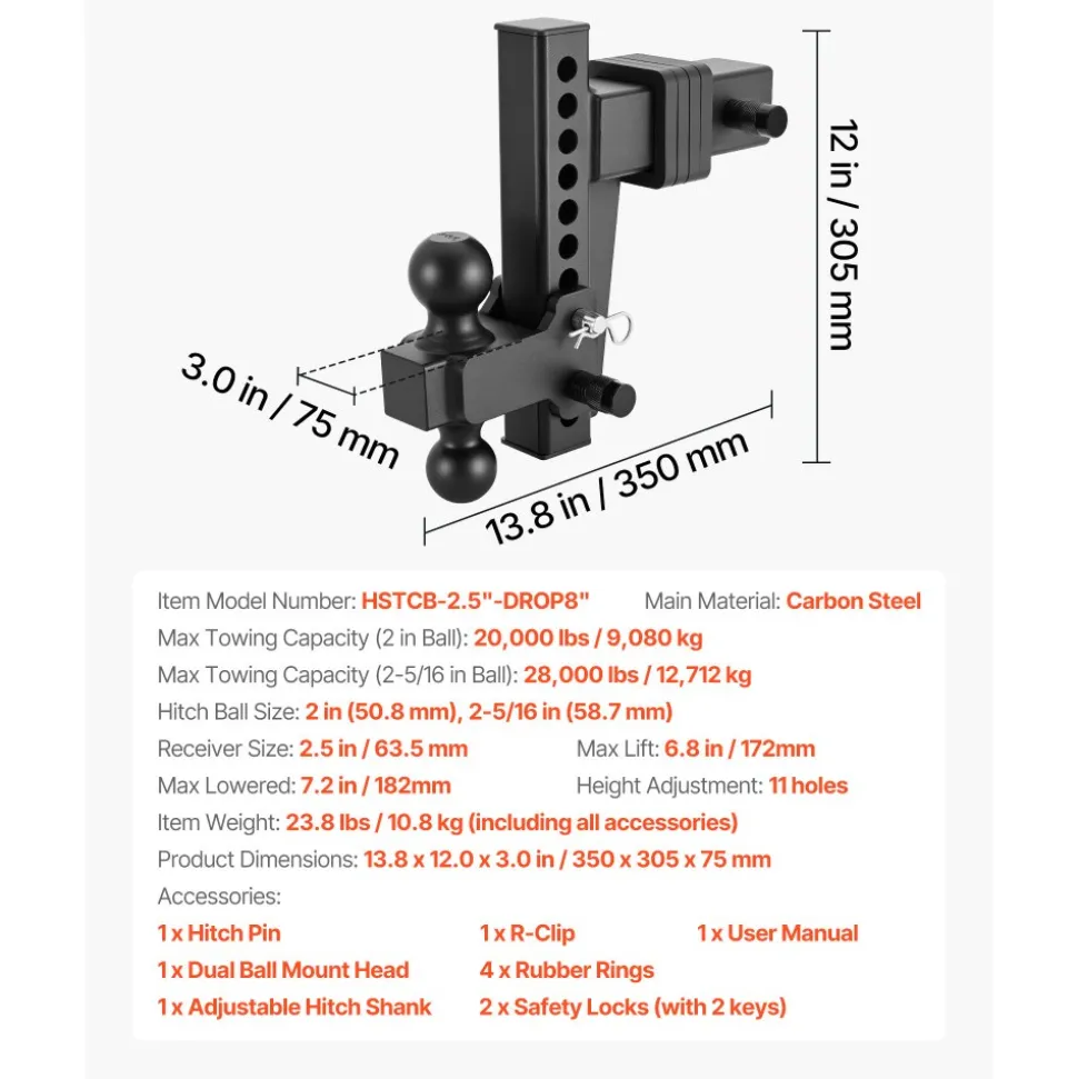 VEVOR Adjustable Trailer Hitch, Fit 2.5 Inch Receiver, Trailer Hitch Mount with 2 Inch & 2-5/16 Inch Balls, 28000 lbs GTW, 8 Inch Drop, Towing Ball Mounts for RVs, Off-Road Vehicles and Trucks, Black