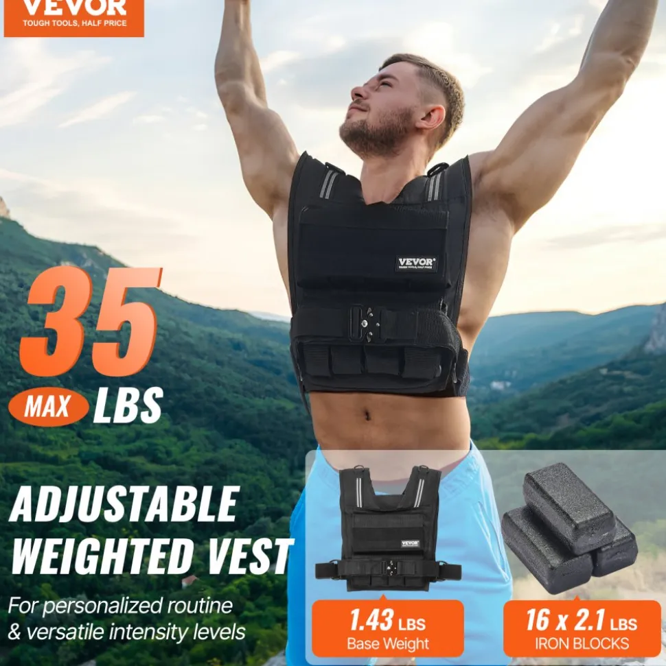 VEVOR Adjustable Weighted Vest, 35lb Weight Vest with Iron Weights, Shoulder Pad, and Reflective Stripe, Body Weight Vest Exercise Set for Men Women, Workout Equipment for Strength Training Running