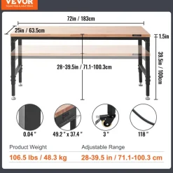 VEVOR Adjustable Workbench, 72" L X 25" W Garage Worktable with Universal Wheels, 28-39.5" Heights & 3000 LBS Load Capacity, with Power Outlets & Hardwood Top & Storage & Foot Pads, for Office Home