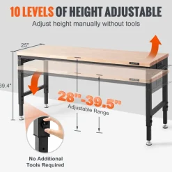 VEVOR Adjustable Workbench, 72" L X 25" W Garage Worktable with Universal Wheels, 28-39.5" Heights & 3000 LBS Load Capacity, with Power Outlets & Hardwood Top & Storage & Foot Pads, for Office Home