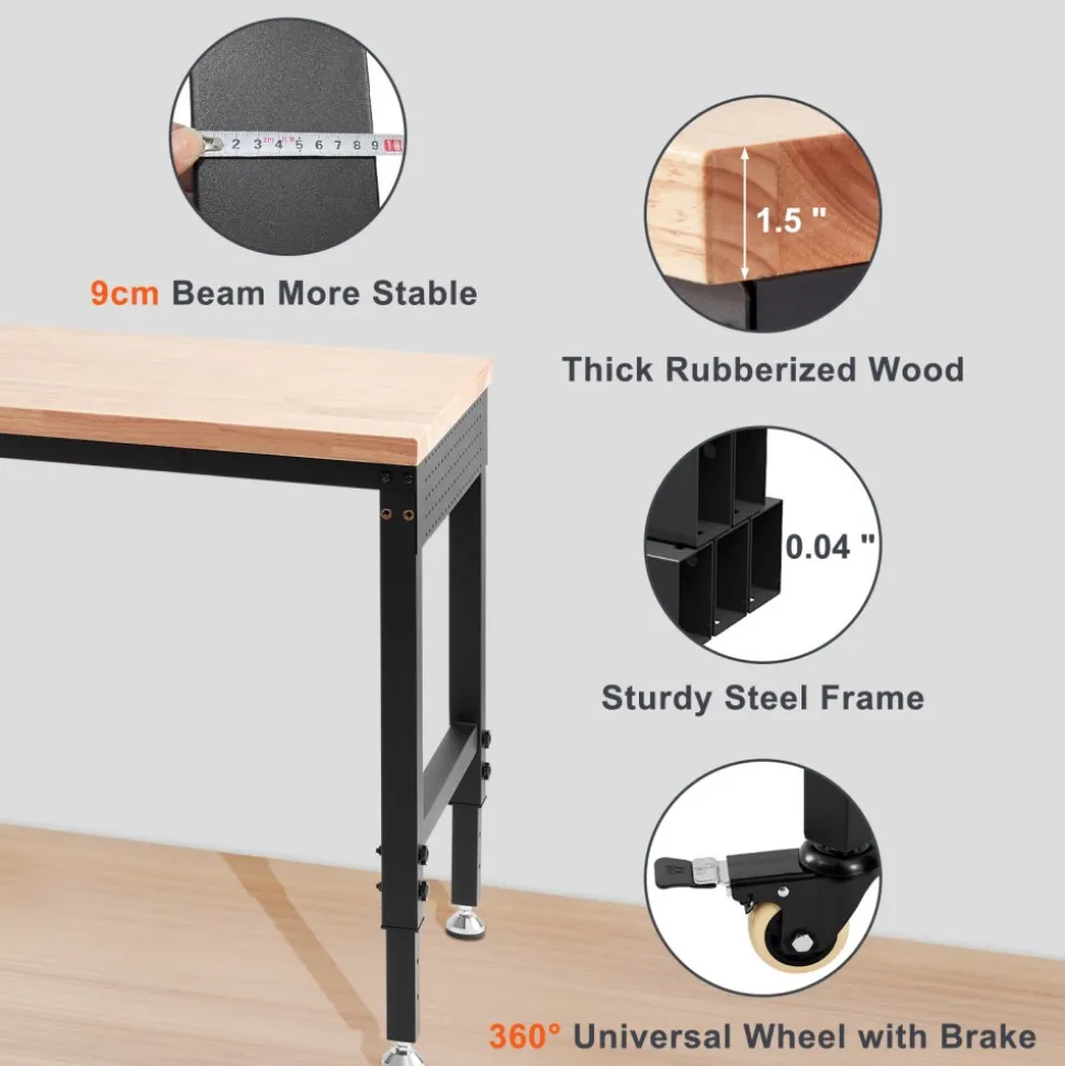 VEVOR Adjustable Workbench, 72" L X 25" W Garage Worktable with Universal Wheels, 28-39.5" Heights & 3000 LBS Load Capacity, with Power Outlets & Hardwood Top & Storage & Foot Pads, for Office Home