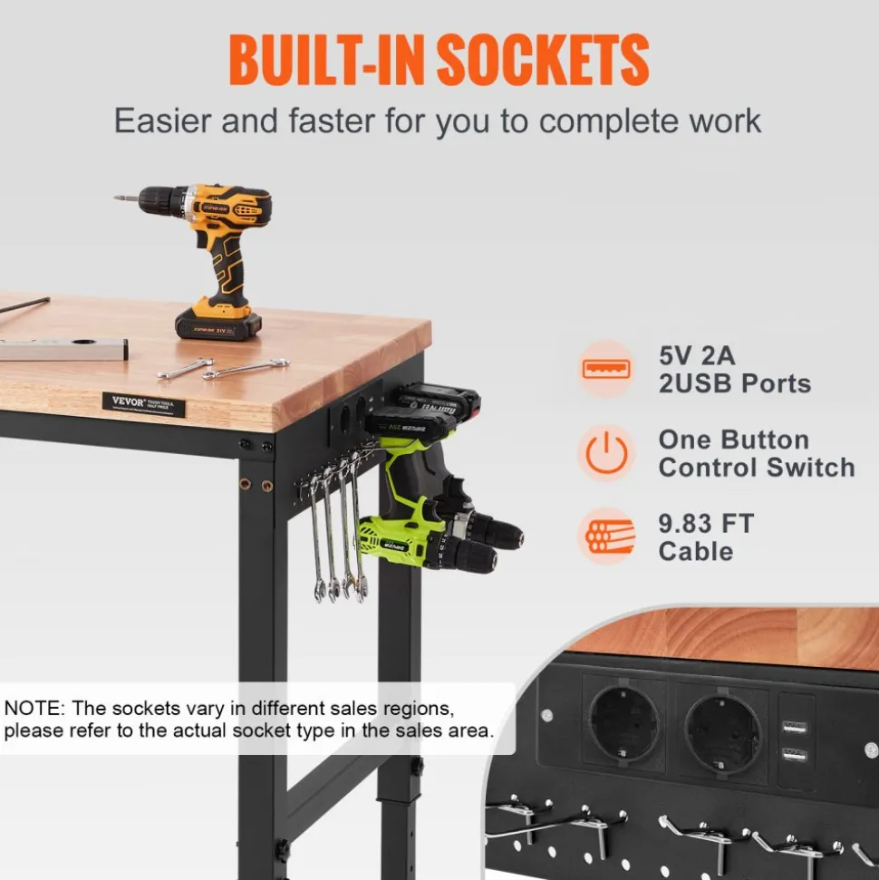 VEVOR Adjustable Workbench, 72" L X 25" W Garage Worktable with Universal Wheels, 28-39.5" Heights & 3000 LBS Load Capacity, with Power Outlets & Hardwood Top & Storage & Foot Pads, for Office Home