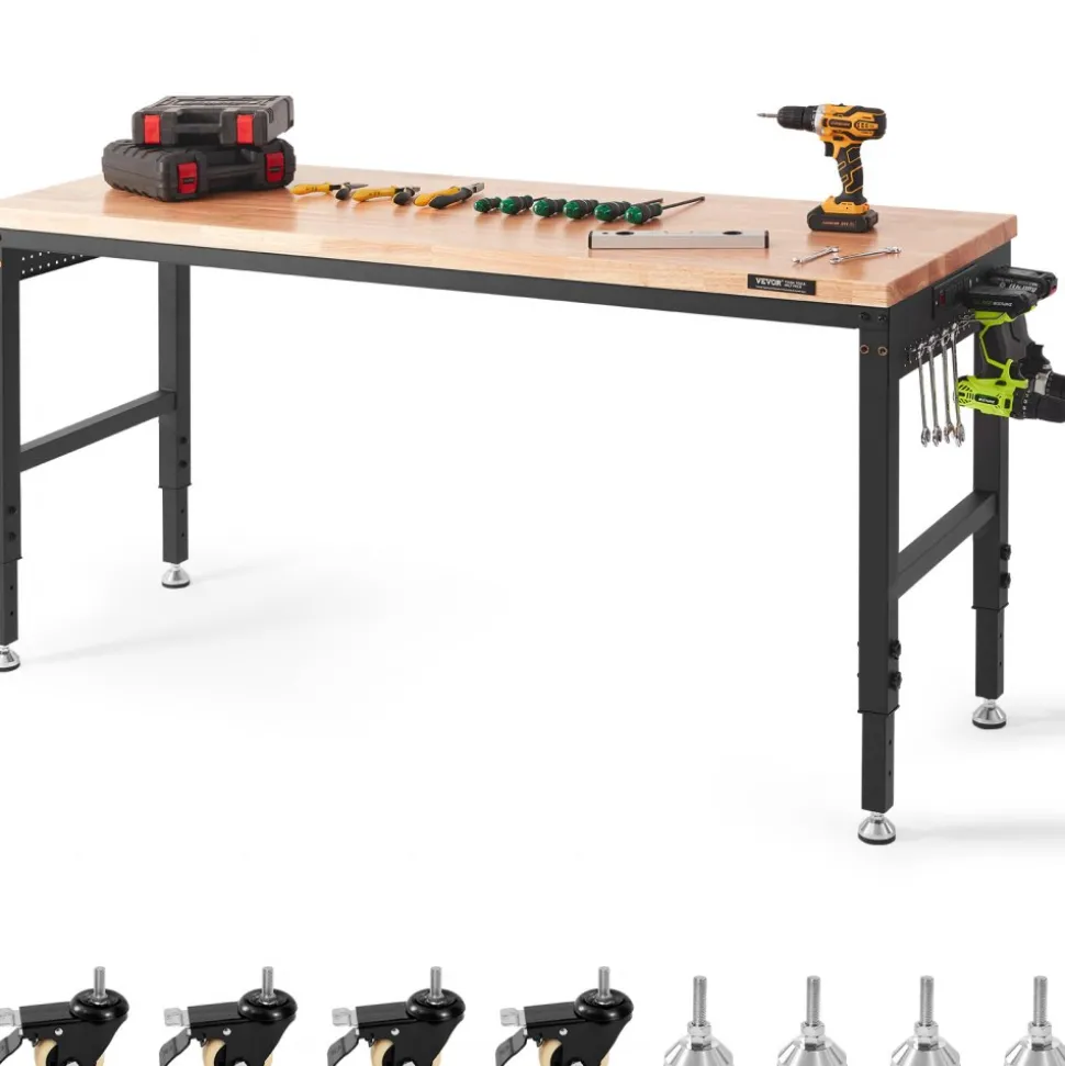 VEVOR Adjustable Workbench, 72" L X 25" W Garage Worktable with Universal Wheels, 28-39.5" Heights & 3000 LBS Load Capacity, with Power Outlets & Hardwood Top & Storage & Foot Pads, for Office Home