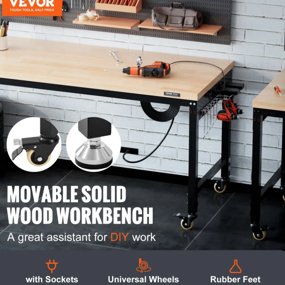 VEVOR Adjustable Workbench, 72" L X 25" W Garage Worktable with Universal Wheels, 28-39.5" Heights & 3000 LBS Load Capacity, with Power Outlets & Hardwood Top & Storage & Foot Pads, for Office Home