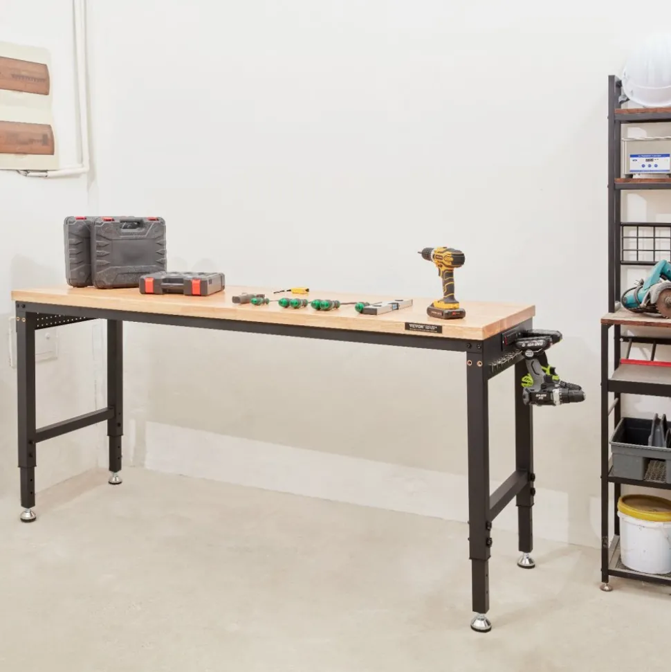 VEVOR Adjustable Workbench, 72" L X 25" W Garage Worktable with Universal Wheels, 28-39.5" Heights & 3000 LBS Load Capacity, with Power Outlets & Hardwood Top & Storage & Foot Pads, for Office Home