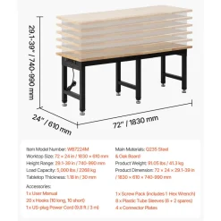 VEVOR Adjustable Workbench, 5000 lbs Capacity, 72 x 24 Inch Oak Wood Top Workstation with 4 AC Outlets & 2 USB Ports, Heavy-Duty Hardwood Worktable for Garage, Workshop, Home, Office, Commercial