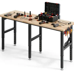 VEVOR Adjustable Workbench, 5000 lbs Capacity, 72 x 24 Inch Oak Wood Top Workstation with 4 AC Outlets & 2 USB Ports, Heavy-Duty Hardwood Worktable for Garage, Workshop, Home, Office, Commercial