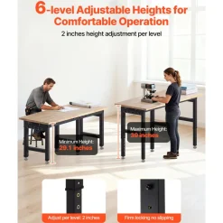 VEVOR Adjustable Workbench, 5000 lbs Capacity, 72 x 24 Inch Oak Wood Top Workstation with 4 AC Outlets & 2 USB Ports, Heavy-Duty Hardwood Worktable for Garage, Workshop, Home, Office, Commercial