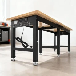VEVOR Adjustable Workbench, 5000 lbs Capacity, 72 x 24 Inch Oak Wood Top Workstation with 4 AC Outlets & 2 USB Ports, Heavy-Duty Hardwood Worktable for Garage, Workshop, Home, Office, Commercial