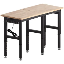 VEVOR Adjustable Workbench, 5000 lbs Capacity, 72 x 24 Inch Oak Wood Top Workstation with 4 AC Outlets & 2 USB Ports, Heavy-Duty Hardwood Worktable for Garage, Workshop, Home, Office, Commercial